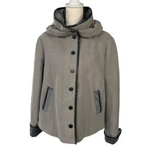 Armani Collezioni Womens Wool Jacket Size 12 Gray & Black Button-Up Hooded